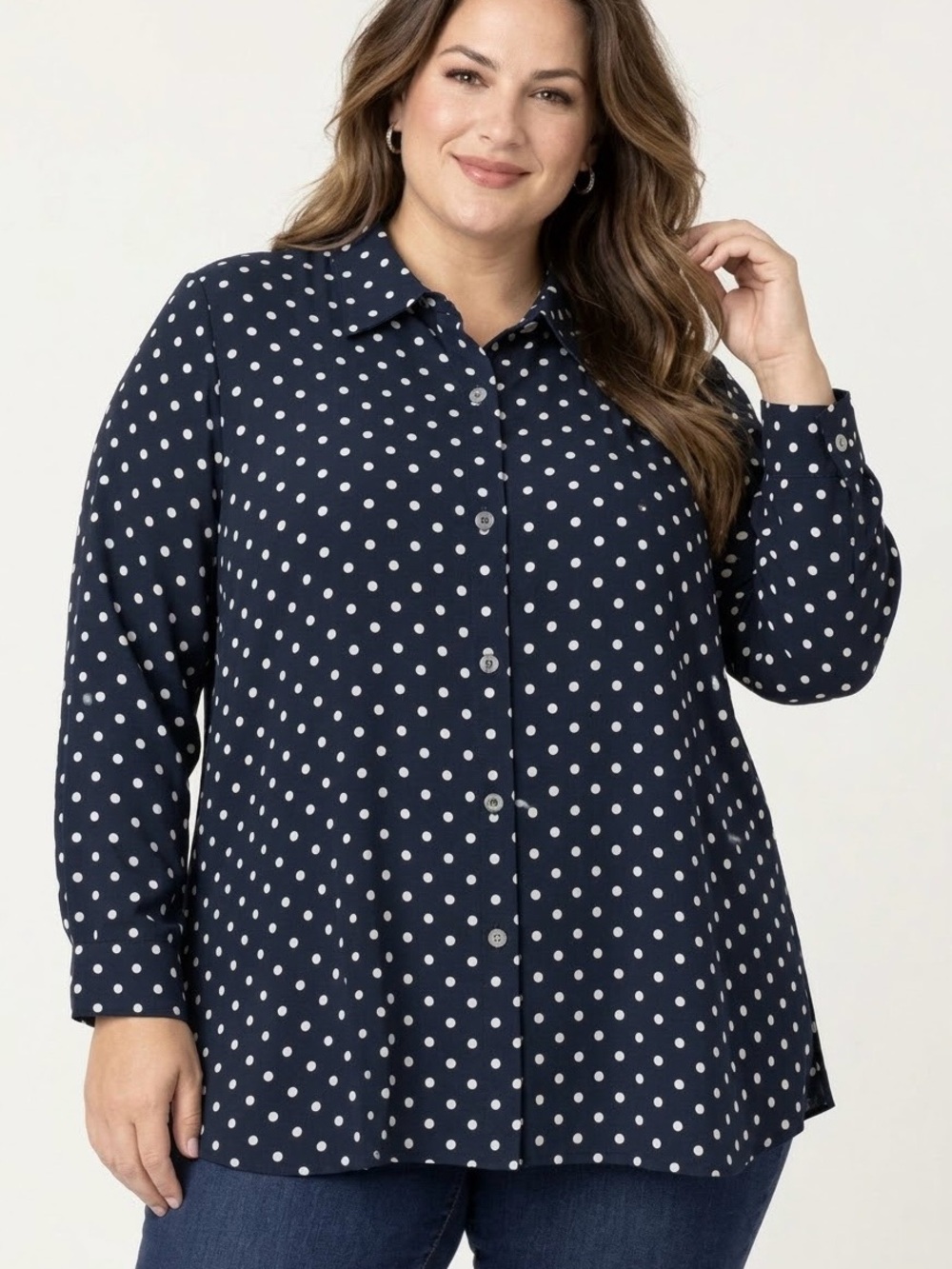 NWT J Jill Wearever Easy Care Polka Dot Button Front Shirt Navy 4X